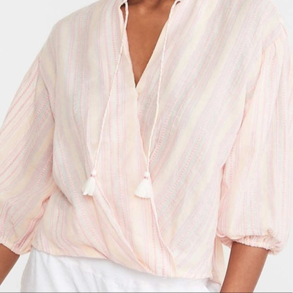 Lou & Grey for LOFT Womens Top Medium Cotton Tasseled Puff Sleeve Crossover Boho